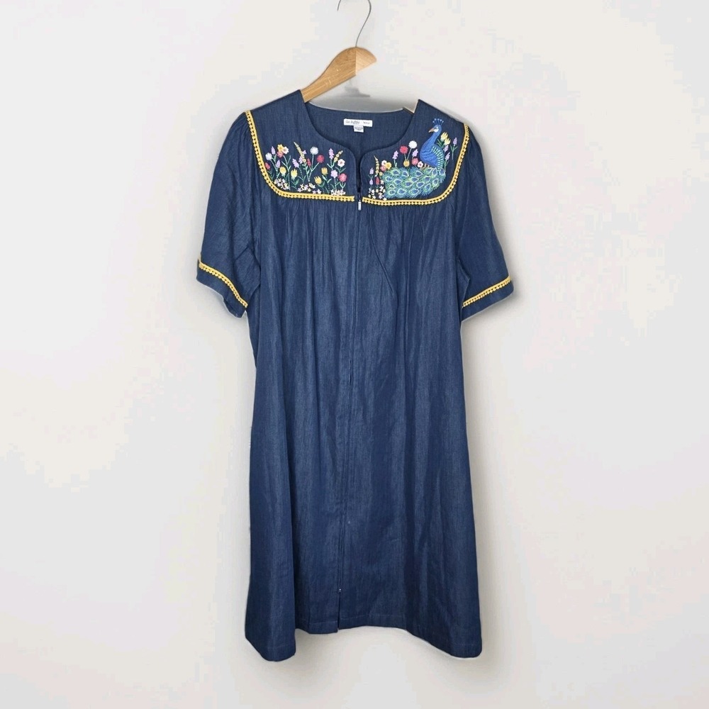 GO SOFTLY PATIO‎ DRESS Embroidered Peacock  100% COTTON Denim Blue 2XL Muu Muu